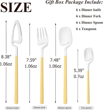 24pcs Household Cutlery Set, Matte Metal 18/10 Stainless Steel kitchen Utensils With Nice Coloured Handles For 6 People, Gift Box Packaged (Yellow Silver)