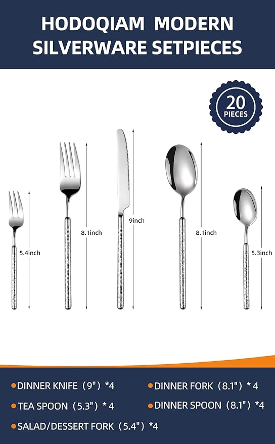 20-Piece Silverware Set, Stainless Steel Flatware Set for 4, Modern Hammered Utensil Tableware Set Include Dinner Knife/Fork/Spoon, Mirror Finish, Dishwasher Safe (20, silver)