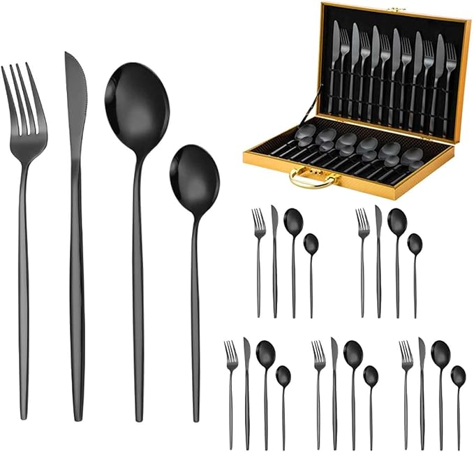 Slim Handle Flatware Serving Set for 6, 24 PCS Matte Cutlery Set with Knife Fork Spoon, Dishwasher Safe/Mirror Polished for Home, Kitchen, Restaurant(Black,D)
