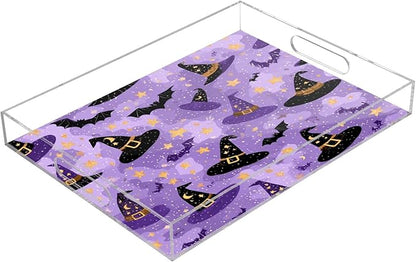 Serving Tray with Handles Clear Acrylic Tray 12x16 Inch Decorative Rectangular Tray Organizer for Ottoman Coffee Table Bathroom Purple Wizard Hats Bats and Stars