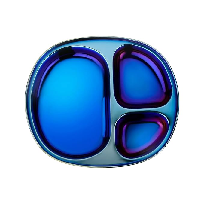 Ahimsa Stainless Steel Kids Plate, Pediatrician Designed Divided Toddler & Baby Plates, Non Toxic, Unbreakable & Dishwasher Safe, Iridescent Blue
