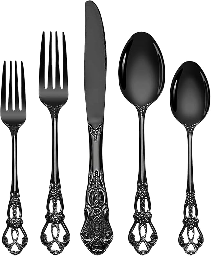 Vilihkc Gorgeous Retro Royal Stainless Steel 5 Pieces Flatware Set, Silverware Set, Anti-rust Stainless Steel Cutlery Set Utensils Including Fork Spoon and Knife