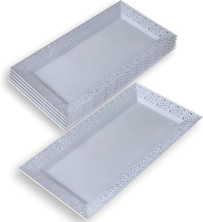 Silver Spoons White Plastic Rectangular Trays with Lace Rim - 14" x 7.5" (Pack of 6) - Perfect for Parties, Weddings & More