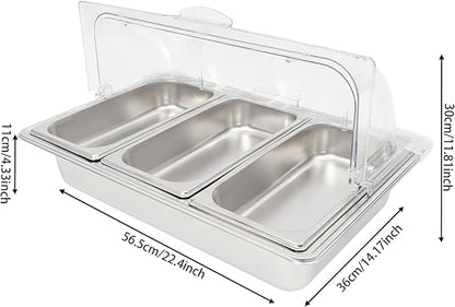 3 Pan Stainless Steel Food Serving Tray, Countertop Food Serving Display Container with Clear Roll Top Cover & Buckles, Buffet Food Display Container for Buffets, Parties, Hotels, Weddings