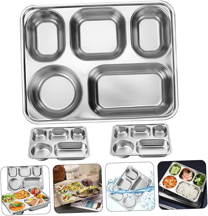 Luxshiny Stainless Plate Divided Serving Tray 3pcs Boys and Girls Cafeteria Tray Lunch Holder