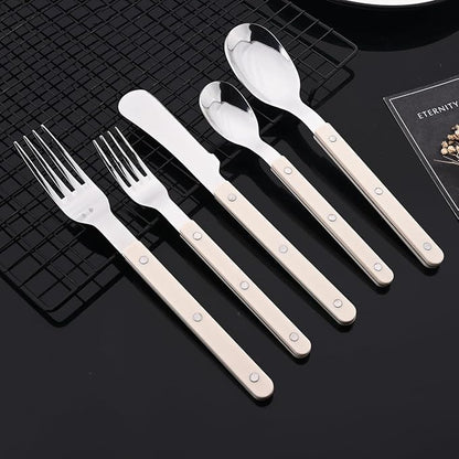 JASHII Silverware Flatware Set 20 Pieces Stainless Steel With Rivet Retro Cutlery Set Knife Fork Spoon Set Service for 4 for Home Restaurant Wedding - Beige Handle