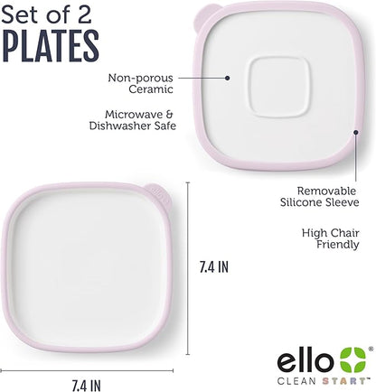 Ello Clean Start Toddler Everything Plate 2 Pack | BPA-Free Ceramic Plates with Silicone Sleeve for Babies/Toddlers | Microwave/Dishwasher Safe, Plastic-Free, High Chair Friendly | Dewdrop/Sugarplum