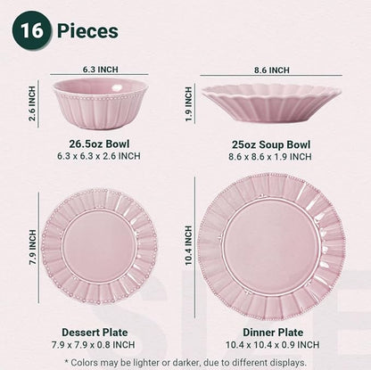 HOMBENE Plates and Bowls Sets for 4, 16 Piece Dinnerware Sets, Porcelain Plate set, Ceramic dish set, Wedding kitchen & dining, Microwavable Dreamy Sakura Pink