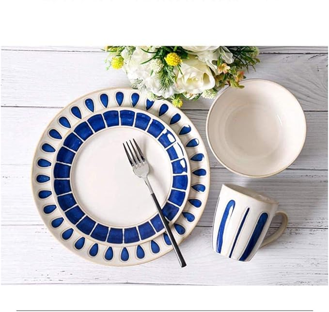 Elegant Dinner Set,4 Pieces Blue White Ceramic Dinner Set Porcelain Mug Plate Bowl Lead Free Tableware