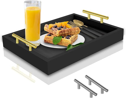 Coffee Table Tray - with Gold and Silver Metal Handles for Serving, Home Decor, Bathroom, Ottoman Design, Wooden Tray 16x12in (Black)