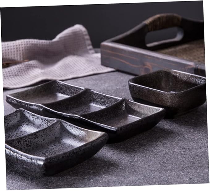 PRETYZOOM 2pcs Retro Square Ceramic Sauce Dishes Food Dipping Bowls 3 Grids Snack Plates for Appetizers and Seasoning for Home Use