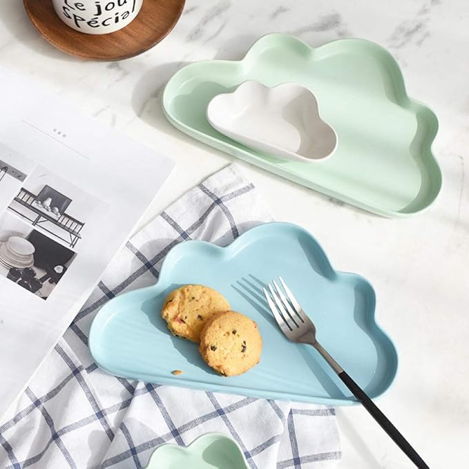 Salad plate2 PCS 4 PCS Ceramic Color Clouds Plate Porcelain Rain Tray Matt Smooth Plates Cute-blue cloud2Big