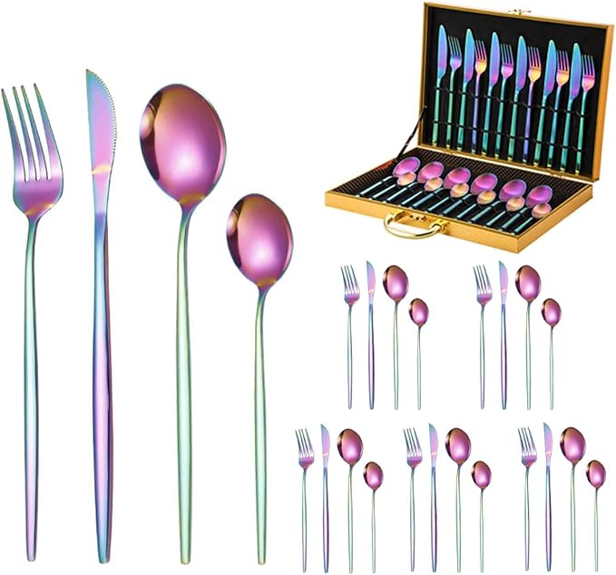 24 PCS Fine Flatware Set, Flatware Serving Set for 6, Utensil Set for Home and Restaurant Include Knives/Forks/Spoons, Dishwasher Safe, for Outdoor Camping Picnic(Size:C,Color:Phantom)