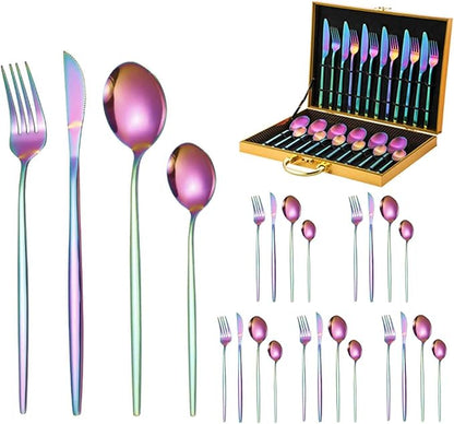 24 PCS Fine Flatware Set, Flatware Serving Set for 6, Utensil Set for Home and Restaurant Include Knives/Forks/Spoons, Dishwasher Safe, for Outdoor Camping Picnic(Size:C,Color:Phantom)