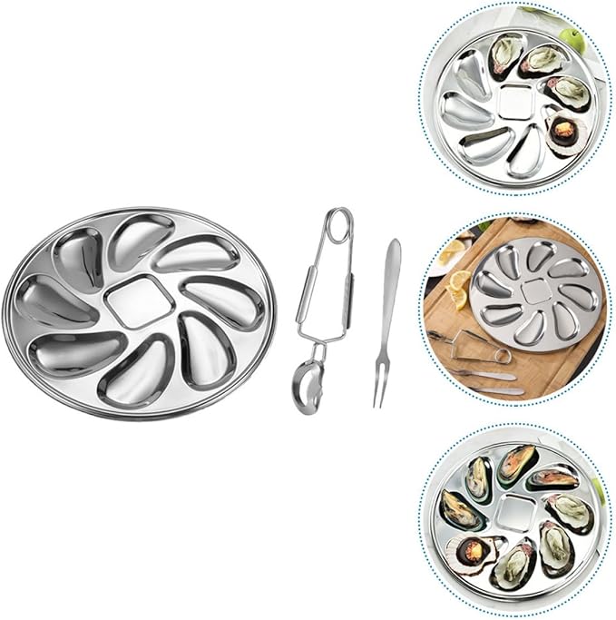 Stainless Steel Oyster Plate Set Fork and Oyster Shucker Metal Serving Tray for Seafood for Kitchen and Dining 3pcs