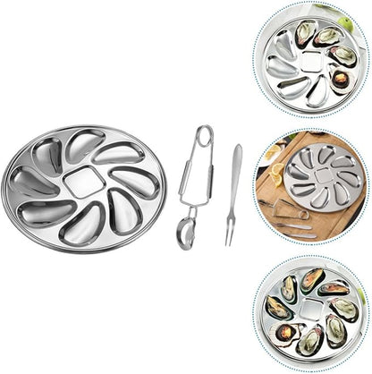 Stainless Steel Oyster Plate Set Fork and Oyster Shucker Metal Serving Tray for Seafood for Kitchen and Dining 3pcs