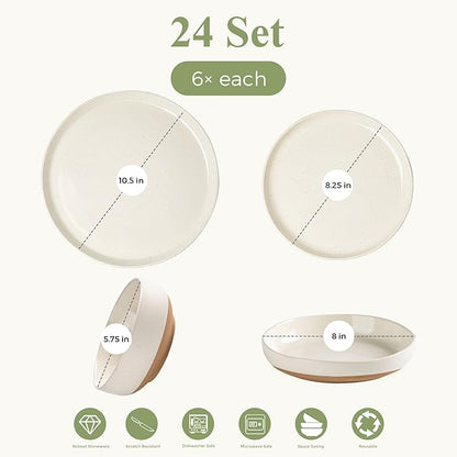 GBHOME 24-Piece Ceramic Dinnerware Set for 6, Handpainted Plates, Pasta Bowls & Bowls Set with Rustic Terracotta Underside, Scratch-Resistant, Dishwasher & Microwave Safe,Speckled Glaze Beige