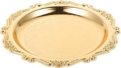 VICASKY 8 Inch Silver Metal Serving Tray - Elegant Platter for Food, Snacks, Jewelry Display & Home Decor, Vintage Style Dessert Tray with Handles (Gold, Heavy Duty)