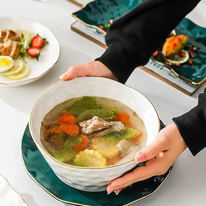 Dinnerware Sets Dish Set,52 Pcss,Nordic Style Tableware Set with Plates Dish and Bowls,Green White Ceramic Dinner Set with Gold