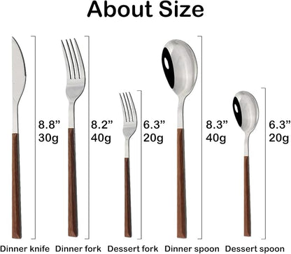 JASHII Silver Stainless Steel Cutlery Sets of 4, with Wooden Wide Square Handles, Dinner Spoons, Knife and Fork Set, Flatware Set Tableware Dinnerware, 20 pieces