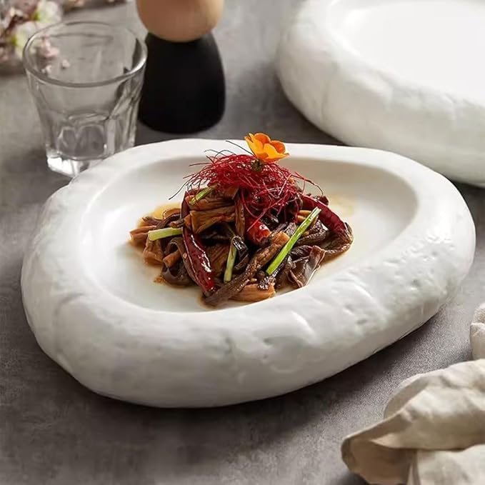 SONGCHAO Party Supplies Ceramic Stone Pattern Salad Plate Irregular Dinner Plate Home Shallow Plate Hotel Restaurant Appetizer Plate Party Plates