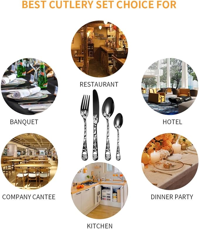XIAOYU 24-Piece Halloween Themed Skull Silverware Set, Gothic Skull Pattern Design, Stainless Steel Flatware Set Serving for 6, Knives Forks Spoons Cutlery Daily Halloween Party Event, Gold