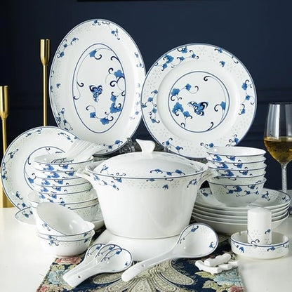56Pcs Blue and White Porcelain Glazed Ceramic Dinnerware Sets Chinese Style Plates Bowls Tableware Set for Home Use and Housewarming Gifts,