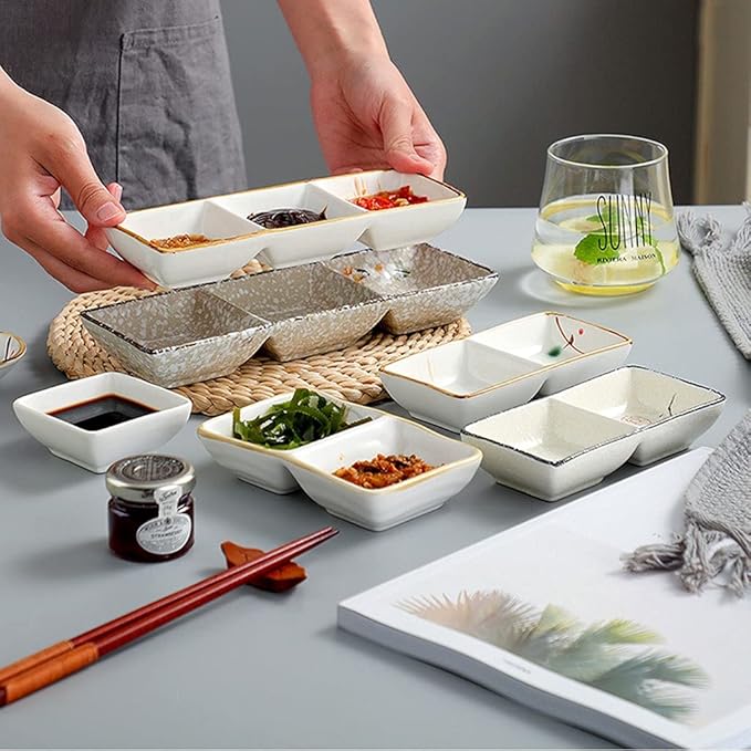 HEXEH Salad Plate Soy Sauce Dish Ceramic Appetizer Plates Serving Tray Rectangular Divided Sauce Dishes for Sushi Ketchup Dessert Appetizer Seasoning Dishes(2 Compartment) Plastic Plate