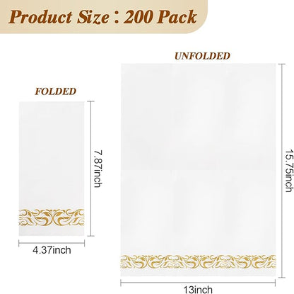 BESTVIP 200 Pack Disposable Paper Napkins,3-Ply Dinner Napkins with Gold Trim for Guests,Bathroom Paper Hand Towels Soft and Absorbent,Perfect for Christmas,Kitchen,Dinner,Party,Wedding or Event