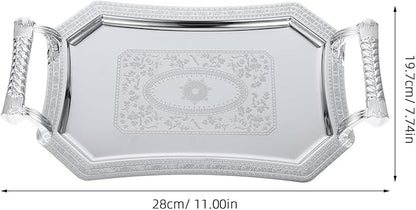 Silver Serving Tray: 11" Stainless Steel Serving Platter with Handles - Vintage Metal Rectangular Fruit Snack Tray for Dessert, Jewelry & Coffee Table Decor