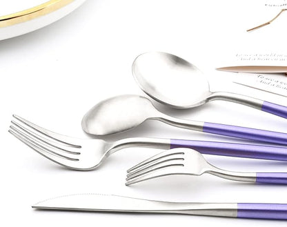 24-piece Snplowum Silver Satin Finished Serving Set, 18/10 Stainless Steel Flatware With Purple Round Hanle For Daily Use Salad Coffee Include Knife/Fork/Spoon, Service For 4 (Purple Silver)