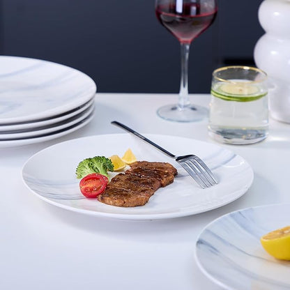 bestone Dinner Plates, 10.5 Inch Plates Set of 6, Porcelain Round Dessert Salad Dinner Plates, Serving Dishes for Kitchen, Dishwasher, Microwave, Freezer, Oven Safe, Marble Blue