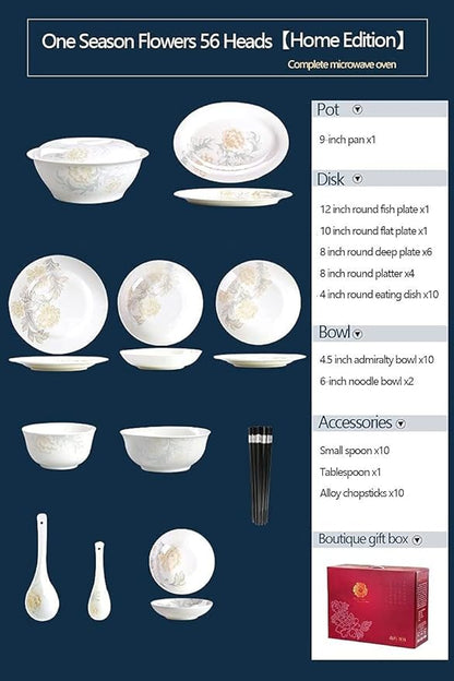 Dinnerware Sets - Luxury Gift Dishes Service Set, 35,56,60PCS Ceramic Dinnerware Set Bone China Tableware Dishes Plates Ceramic Combination Dinner Service Set Porcelaine Service for 10 (56 Pieces)