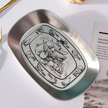 Portable Bread Tray, Oval Metal Picnic Plate Reusable Decorative Bread Serving Tray Multipurpose Tinplate Food Tray for Parties Gatherings (Vegetable Fruit Style)