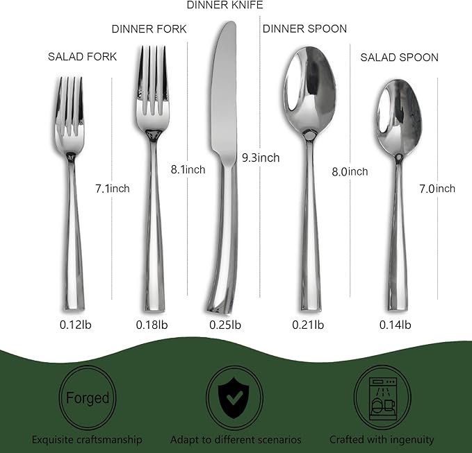 18/10 5-Piece Silverware Set, Glossy Flatware Set Stainless Steel, Modern Cutlery Set, Service for 1, Mirror Finish Dishwasher Safe