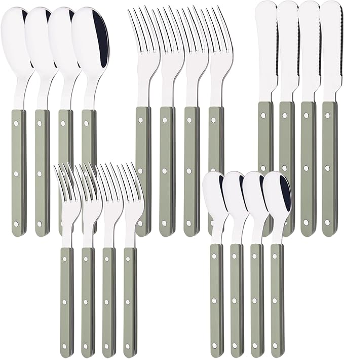 20 PCS Stainless Steel Flatware Set for 4, Silverware Set with Colored Handles, Retro Style Forks Spoons and Knives Set, Vintage Eating Utensils, Green Acrylic Handle with Rivets Design