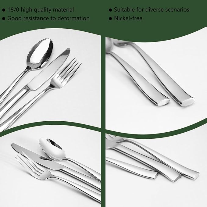 18/10 5-Piece Silverware Set, Glossy Flatware Set Stainless Steel, Modern Cutlery Set, Service for 1, Mirror Finish Dishwasher Safe