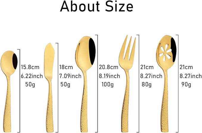 JASHII 5-Piece Silver Hammered Flatware Hostess Set Stainless Steel Serving Fork Slotted Serving Spoon Butter Knife Teaspoon Set for Buffet Party Mirror Polished Dishwasher Safe