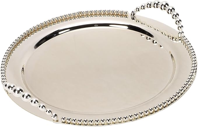 Fdit Round Metal Serving Tray with Handles 12.4 Inch, Silver Iron Platter for BBQ Camping Picnic, Stackable Fruit Vegetable Tray for Party Catering Home Kitchen