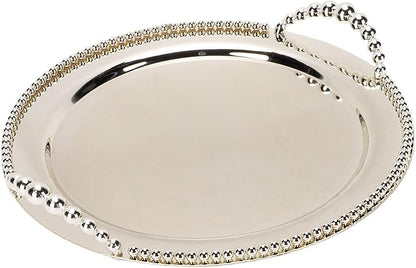 Fdit Round Metal Serving Tray with Handles 12.4 Inch, Silver Iron Platter for BBQ Camping Picnic, Stackable Fruit Vegetable Tray for Party Catering Home Kitchen