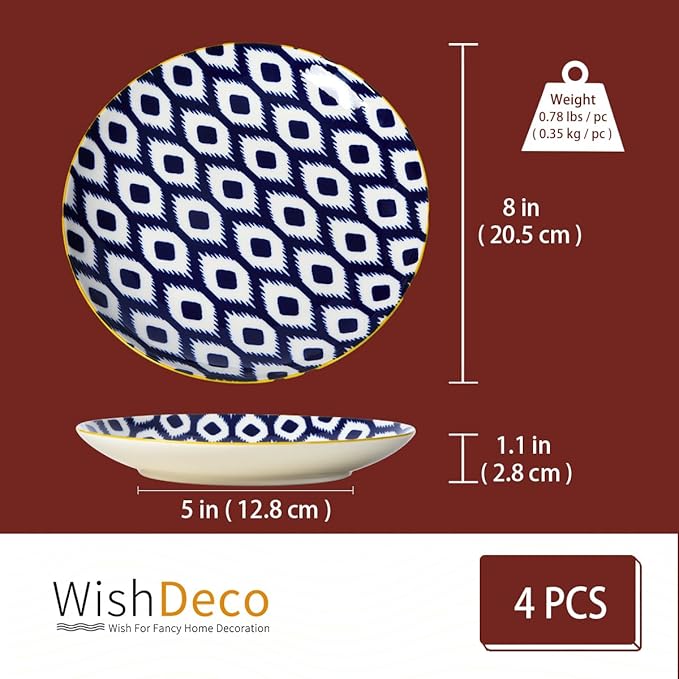 Large Appetizer Plates Set of 4, Colorful Dessert Plates 8 Inch, Ceramic Salad Plate, Small Round Dinner Plate, Beautiful Serving Dishes for Pasta, Snack, Fruit, Microwave & Dishwasher Safe