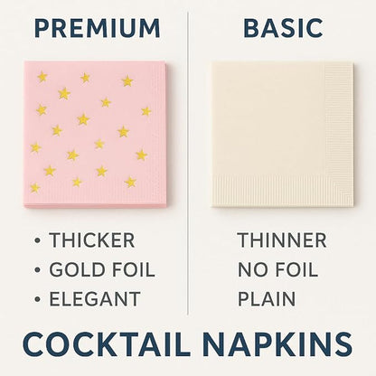 100 Pink Cocktail Napkins with Gold Foil Stars - Elegant 2- Ply Disposable Beverage Napkins for Weddings, Birthdays, Baby Showers, Bridal Parties & Events