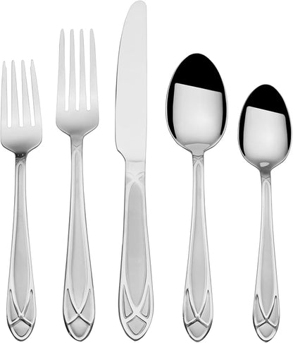 Pfaltzgraff Mirage Frost Everyday Flatware Service for 8, 42 Piece Set, 18/0 Stainless Steel, Silverware Set with Serving Utensils and Caddy