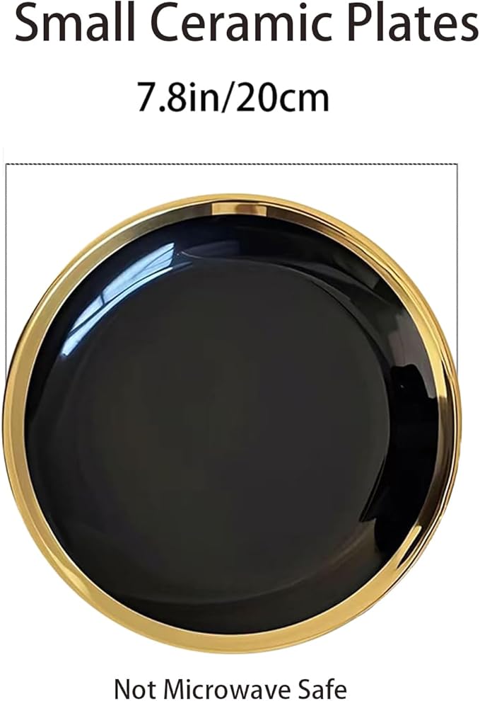 Dinner Plates, Set of 6, 8 inch, Black Porcelain with Gold Trim, Small Plates, Black Ceramic Plates, Ideal for Desserts and Appetizers.