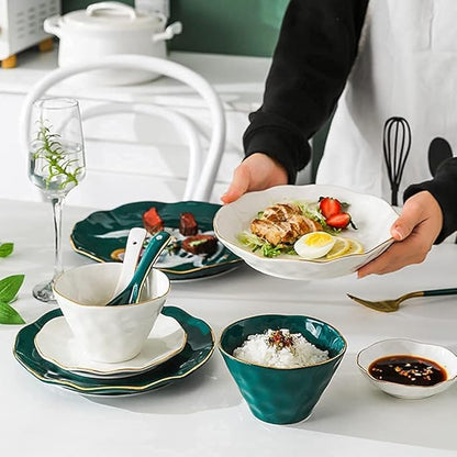 Dinnerware Set, Plates and Bowls Sets, Bone Porcelain Tableware Set With Plates Dish And Bowls, Green White Ceramic Dinner Set With Gold Rim For Home