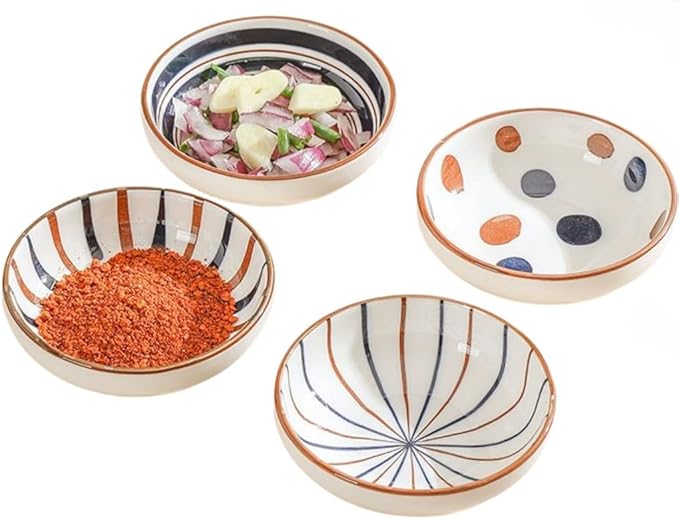 4 Pack 3 oz Small Ceramic Dip Dishes Japanese Dipping Sauce Dish Mini Cute Soy Sauce Bowls for Sushi,Side Dishes,Dipping,Ketchup,Condiment,Snack,BBQ Party