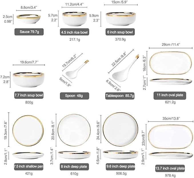 Dinnerware Set Dinner Party Tableware Service Set Dinnerware Sets Service for 2/4/6, Kitchen Plates and Bowls Sets White, Bone China Tableware