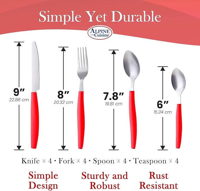 ALPINE CUISINE Flatware Set 16 Piece Service for 4, Stainless Steel Flatware Cutlery Set Includes Dinner Knives/Forks/Spoons - Great for Camping or College Dorms - Dishwasher Safe - Red