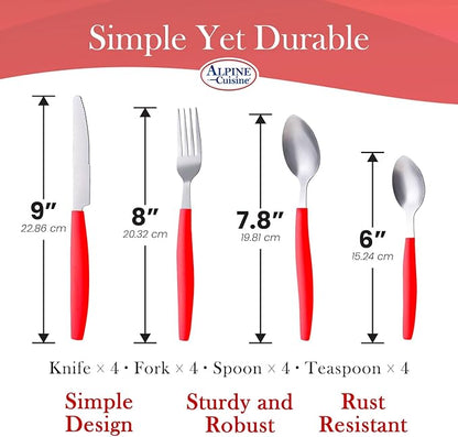 ALPINE CUISINE Flatware Set 16 Piece Service for 4, Stainless Steel Flatware Cutlery Set Includes Dinner Knives/Forks/Spoons - Great for Camping or College Dorms - Dishwasher Safe - Red