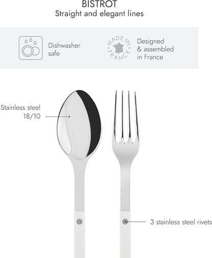 SABRE PARIS - 2-Piece Serving Set - Bistrot Collection - Large Fork & Large Spoon - Stainless Steel & Nylon - Dishwasher Safe - White - Brilliant Finish